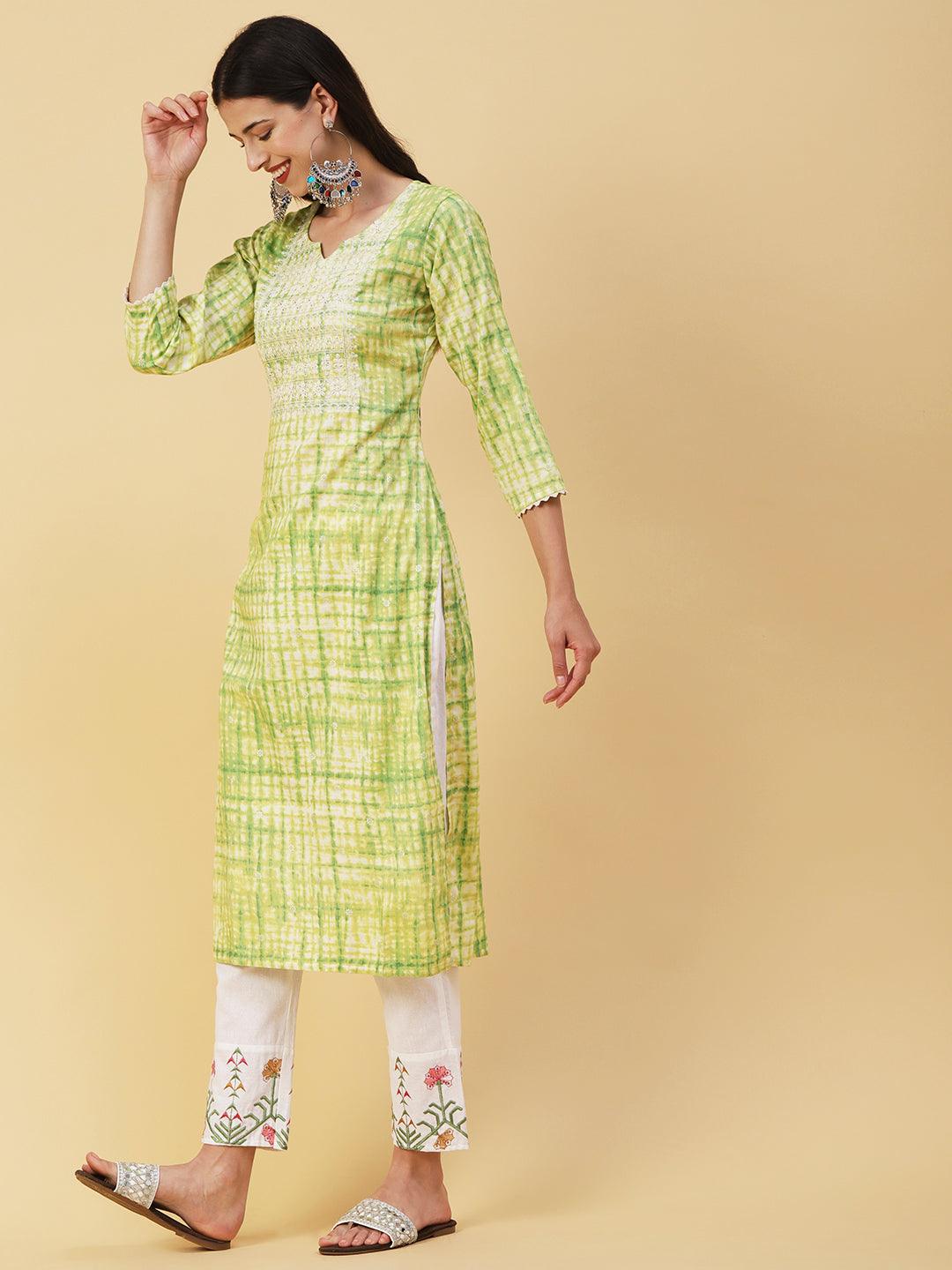 Abstract Shibori Printed Resham & Zari Embroidered Kurta - Lime Green - Indiakreations