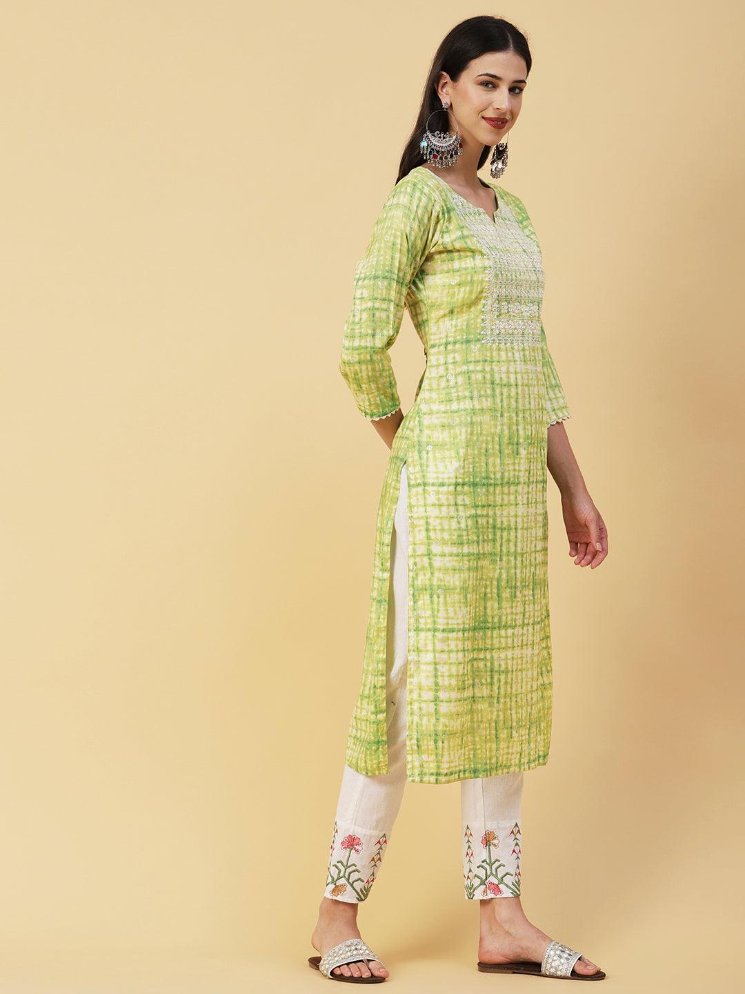 Abstract Shibori Printed Resham & Zari Embroidered Kurta - Lime Green - Indiakreations