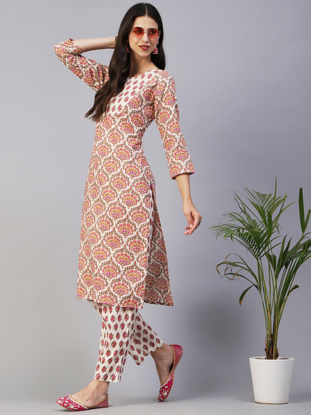 Floral Printed & Embroidered Straight Fit Kurta with Pant - Off White - Indiakreations