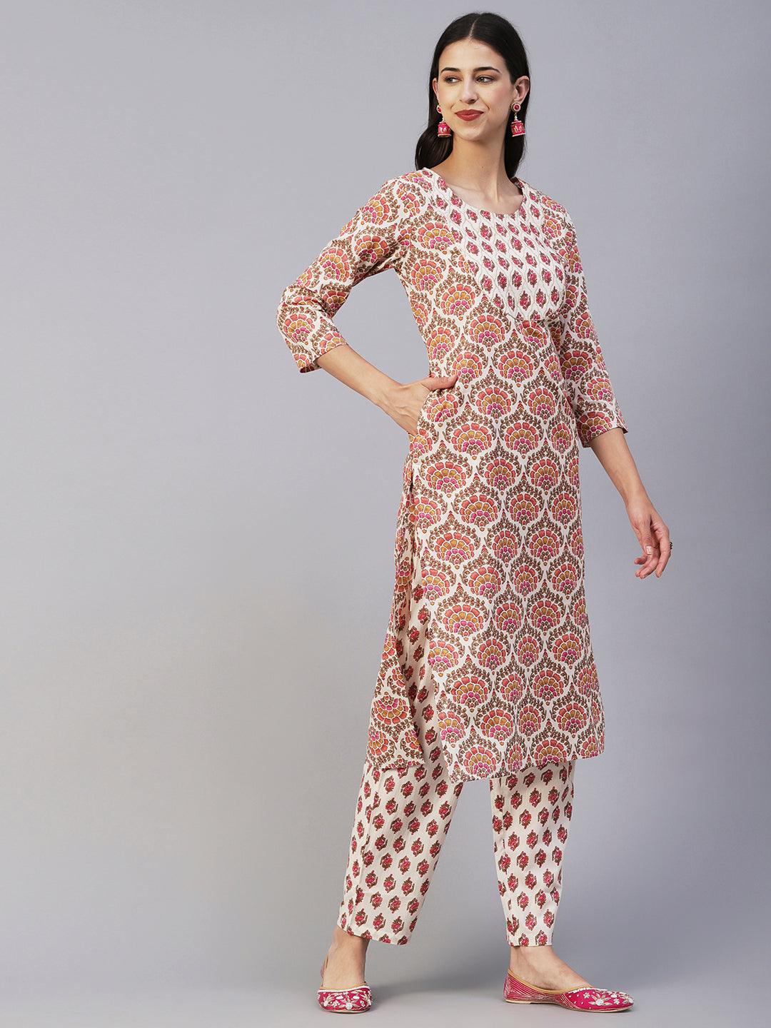 Floral Printed & Embroidered Straight Fit Kurta with Pant - Off White - Indiakreations