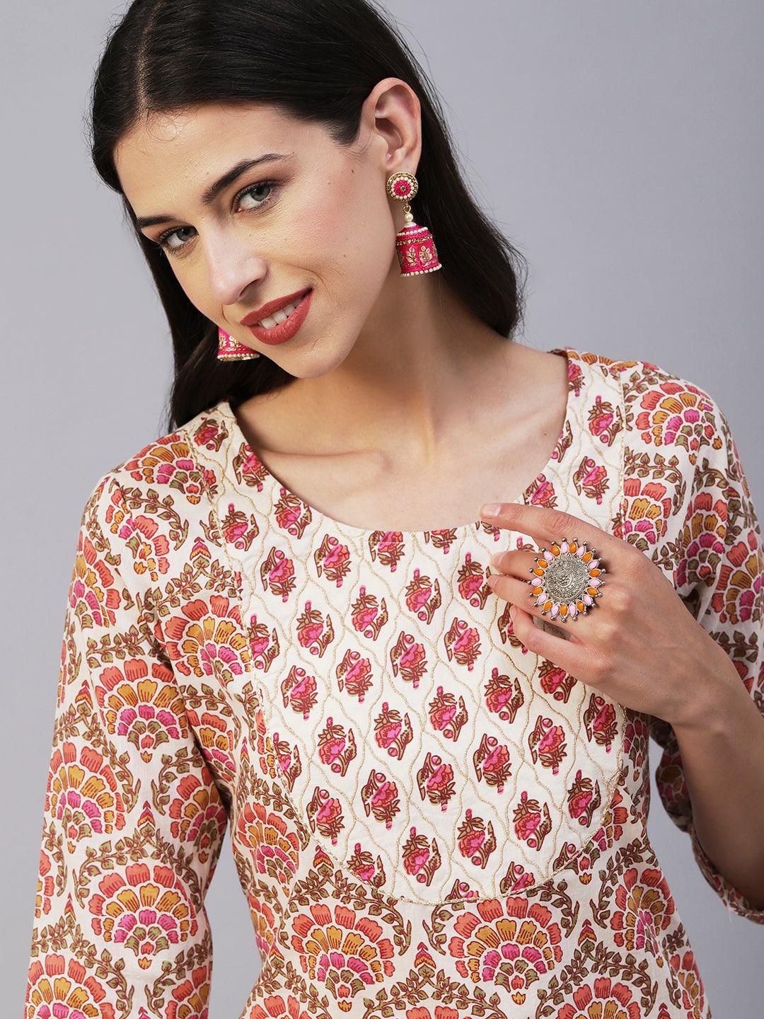 Floral Printed & Embroidered Straight Fit Kurta with Pant - Off White - Indiakreations