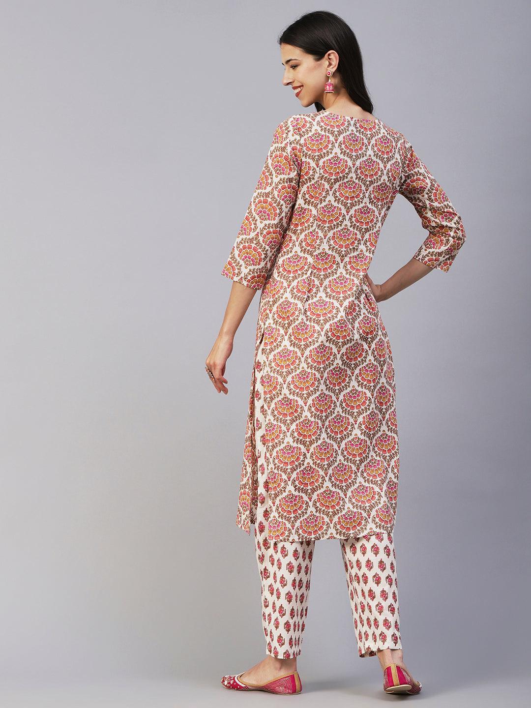 Floral Printed & Embroidered Straight Fit Kurta with Pant - Off White - Indiakreations