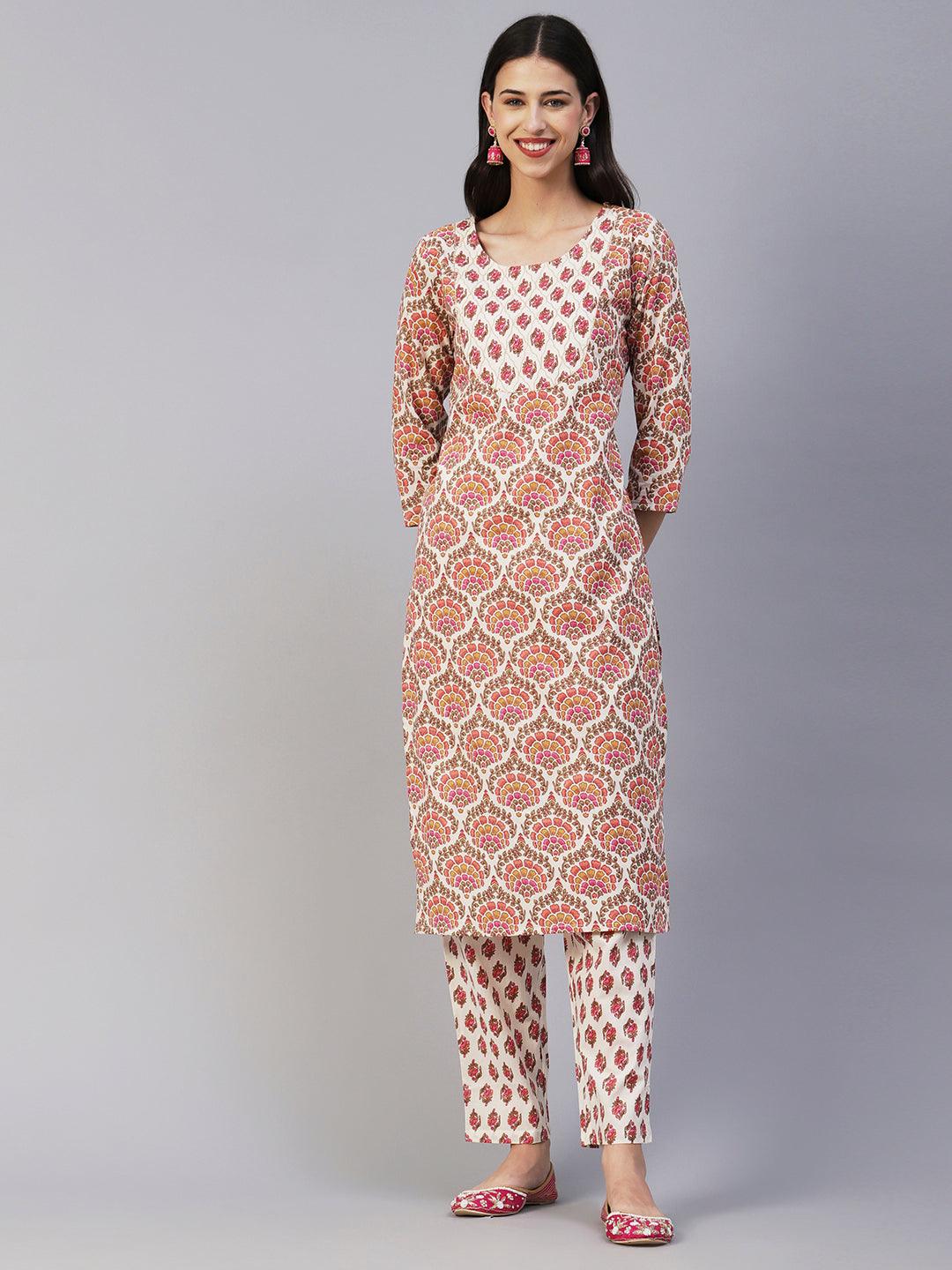 Floral Printed & Embroidered Straight Fit Kurta with Pant - Off White - Indiakreations