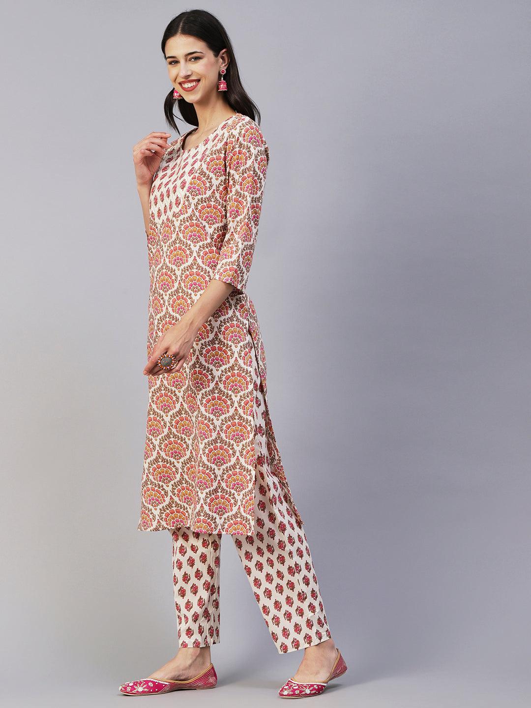 Floral Printed & Embroidered Straight Fit Kurta with Pant - Off White - Indiakreations