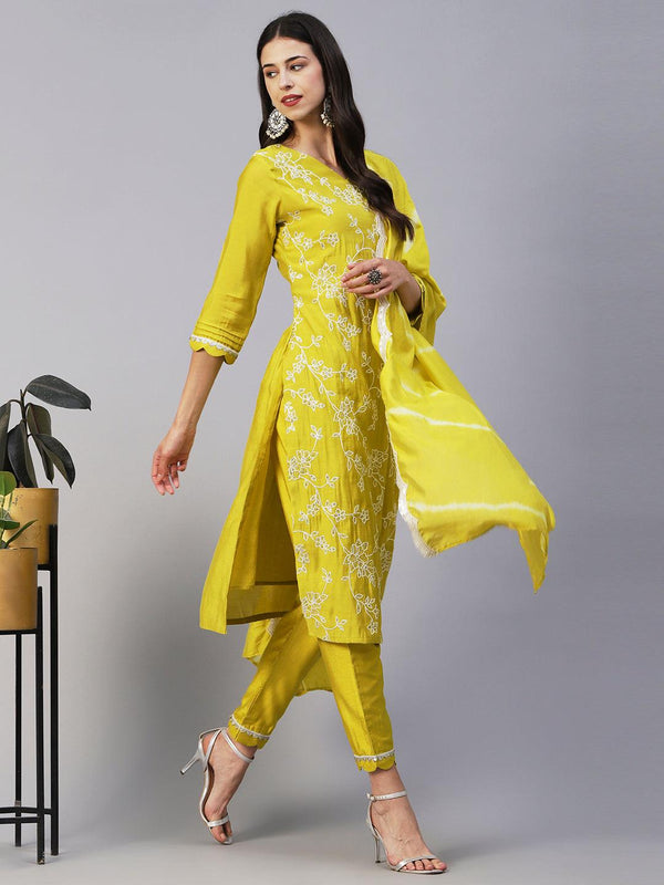 Floral Embroidered Straight Kurta with Pant & Dupatta - Lime Green - Indiakreations