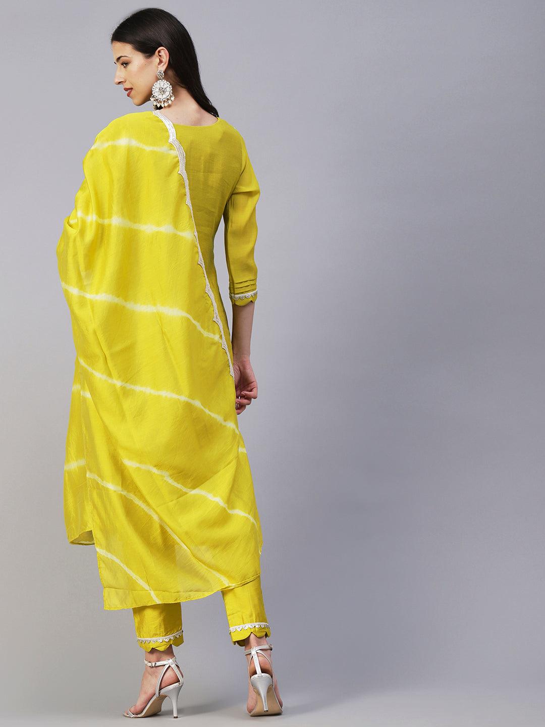 Floral Embroidered Straight Kurta with Pant & Dupatta - Lime Green - Indiakreations