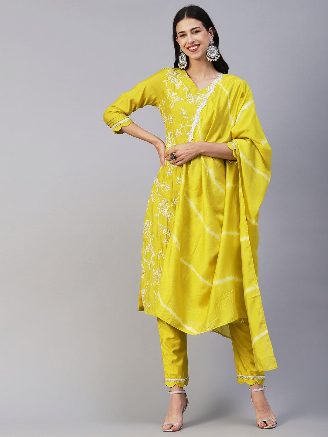 Floral Embroidered Straight Kurta with Pant & Dupatta - Lime Green - Indiakreations