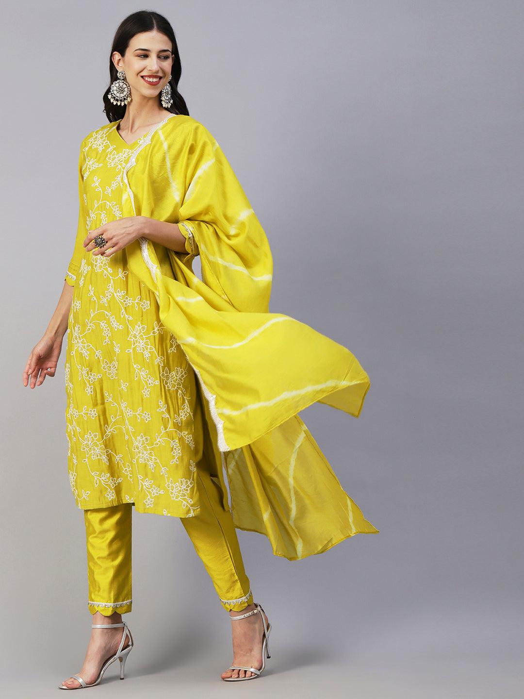 Floral Embroidered Straight Kurta with Pant & Dupatta - Lime Green - Indiakreations