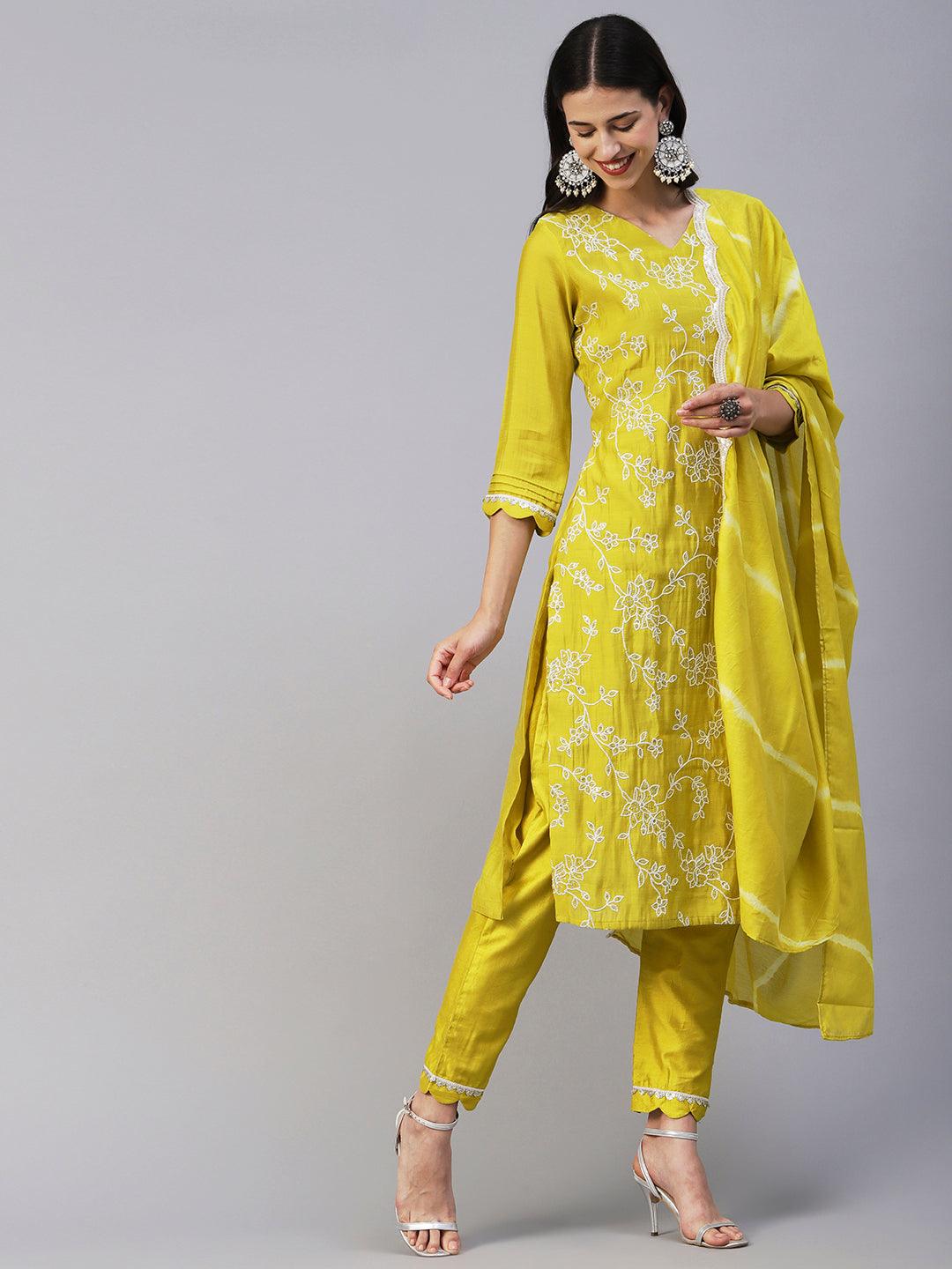 Floral Embroidered Straight Kurta with Pant & Dupatta - Lime Green - Indiakreations