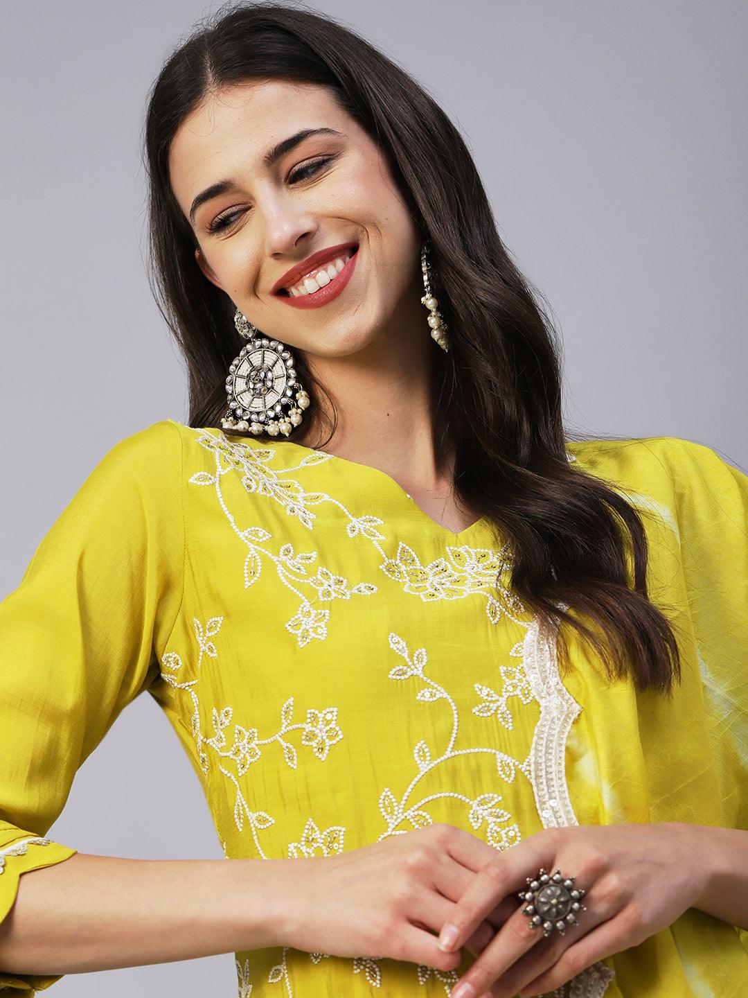 Floral Embroidered Straight Kurta with Pant & Dupatta - Lime Green - Indiakreations