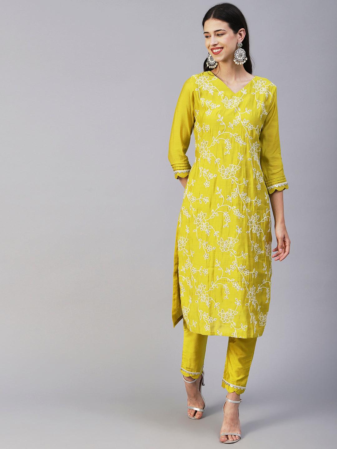 Floral Embroidered Straight Kurta with Pant & Dupatta - Lime Green - Indiakreations