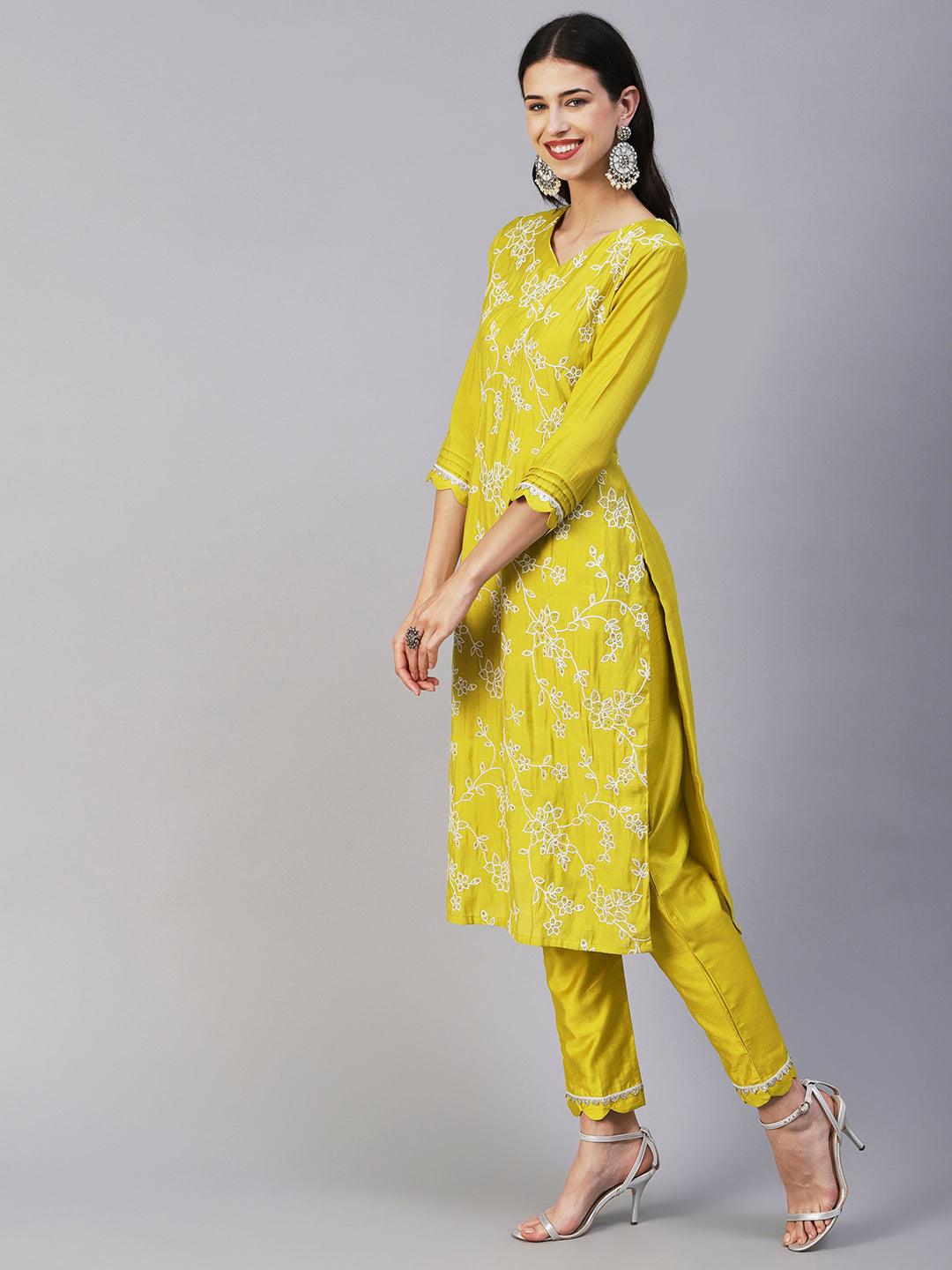 Floral Embroidered Straight Kurta with Pant & Dupatta - Lime Green - Indiakreations