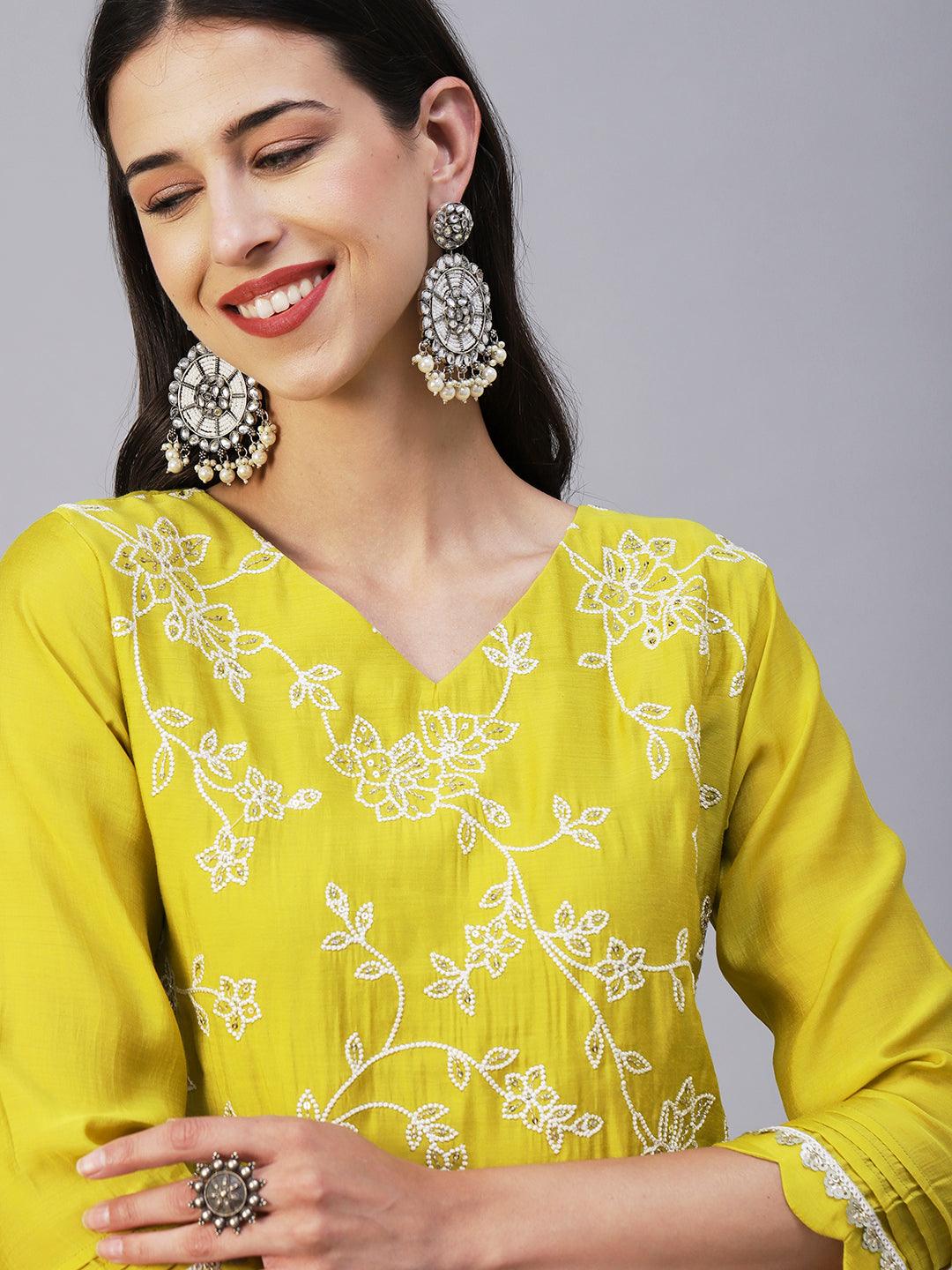 Floral Embroidered Straight Kurta with Pant & Dupatta - Lime Green - Indiakreations