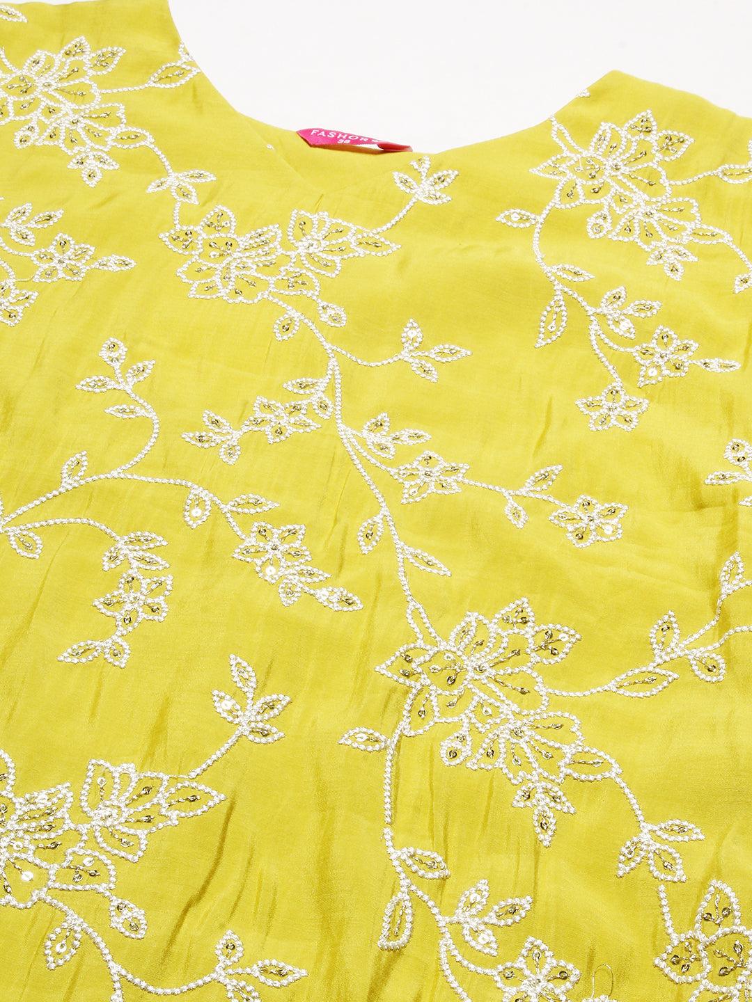 Floral Embroidered Straight Kurta with Pant & Dupatta - Lime Green - Indiakreations