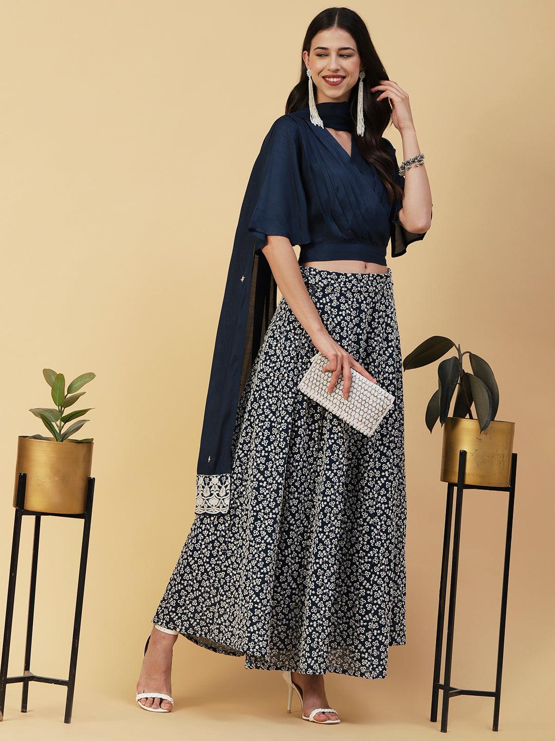 Solid Pleated Crop Top With Resham & Sequins Embroidered Flared Skirt & Dupatta - Blue - Indiakreations