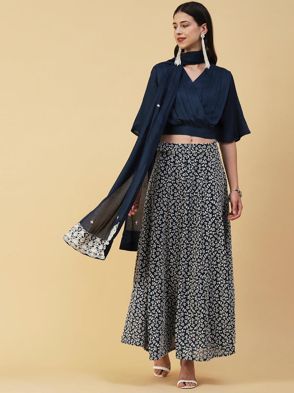 Solid Pleated Crop Top With Resham & Sequins Embroidered Flared Skirt & Dupatta - Blue - Indiakreations