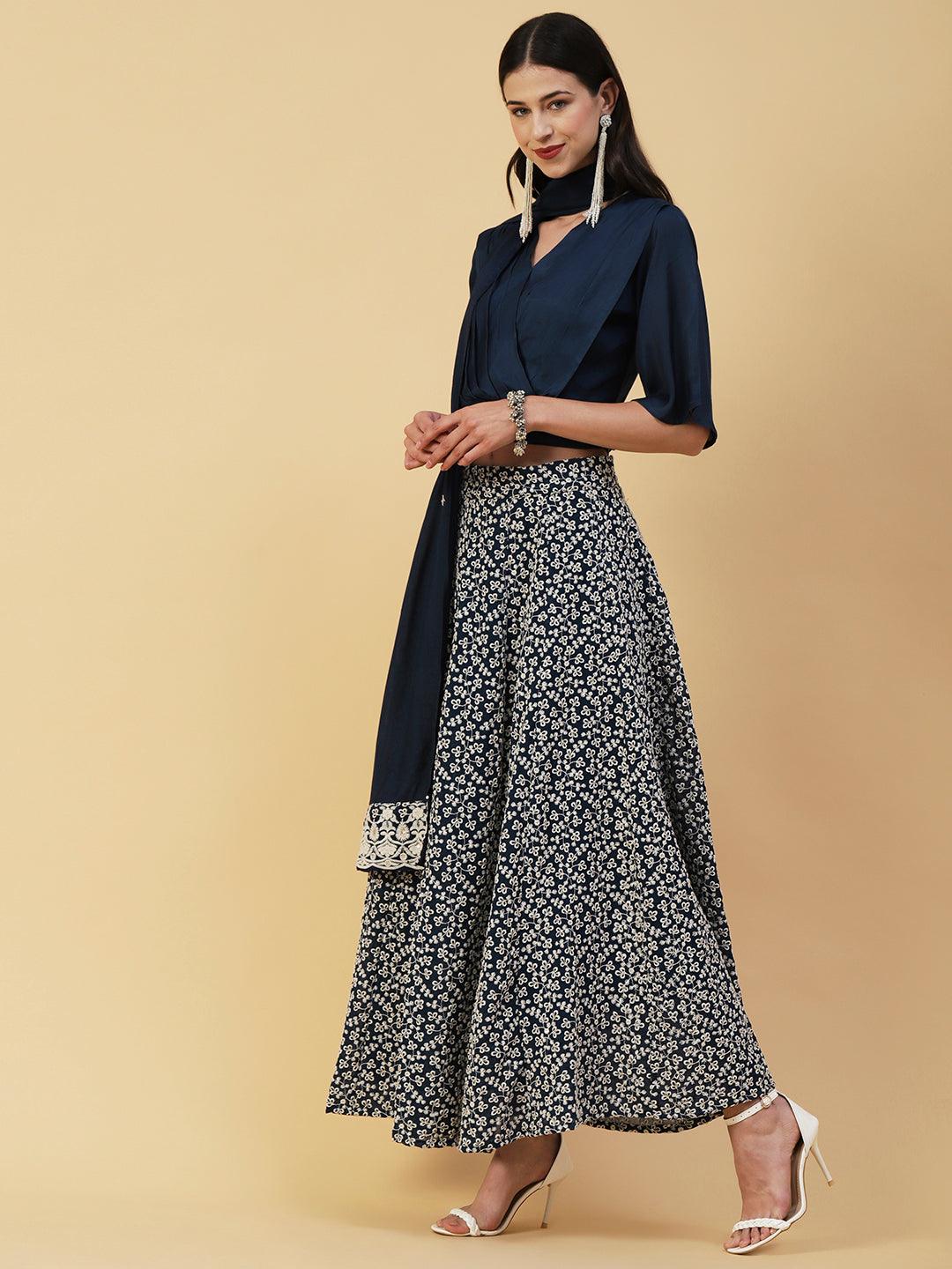 Solid Pleated Crop Top With Resham & Sequins Embroidered Flared Skirt & Dupatta - Blue - Indiakreations