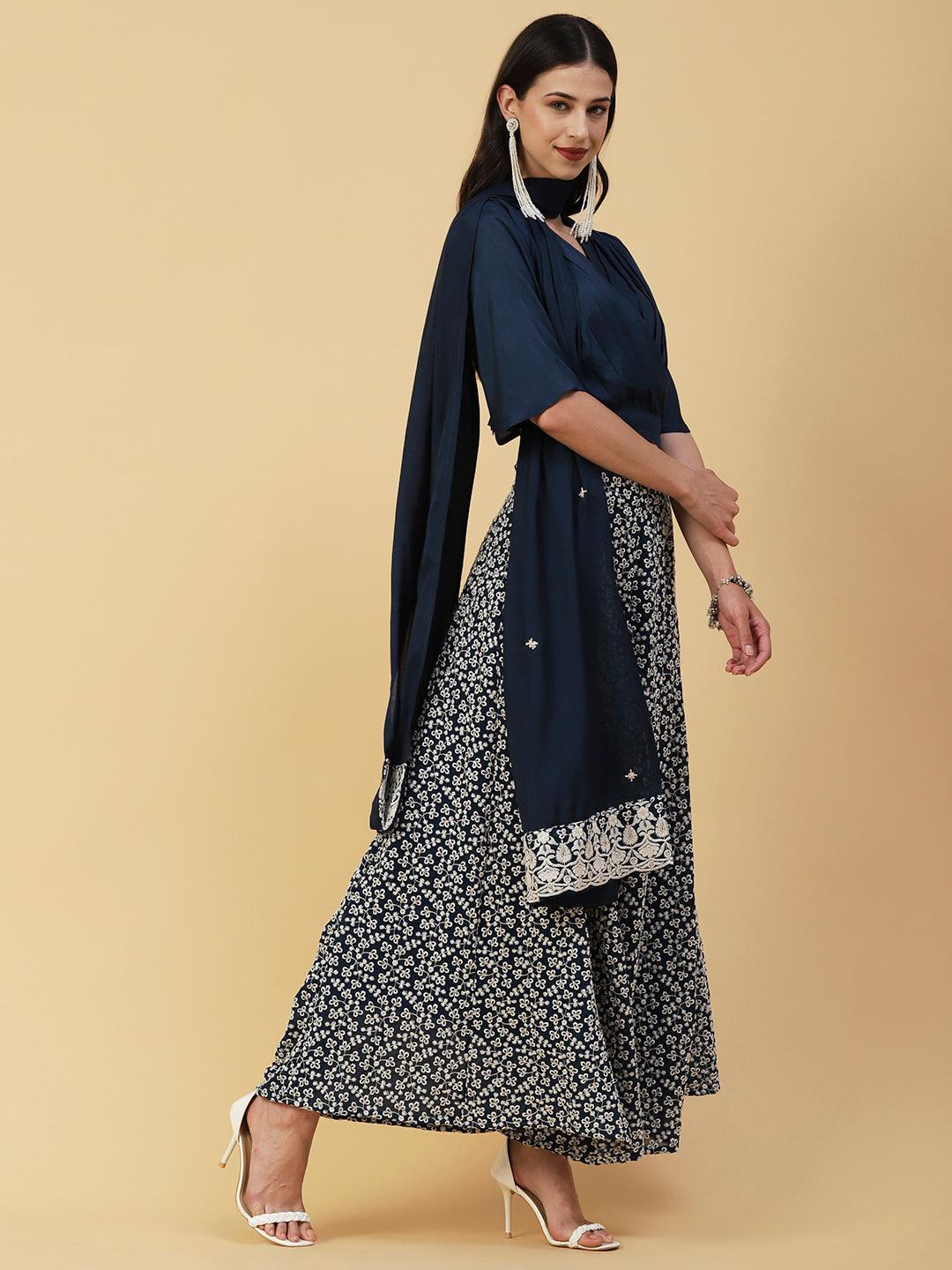 Solid Pleated Crop Top With Resham & Sequins Embroidered Flared Skirt & Dupatta - Blue - Indiakreations