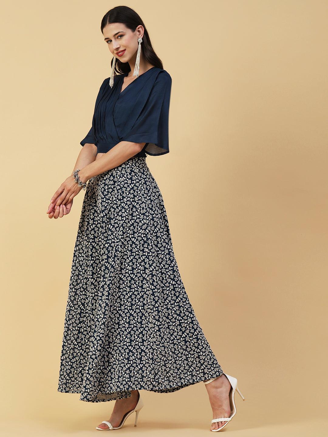 Solid Pleated Crop Top With Resham & Sequins Embroidered Flared Skirt & Dupatta - Blue - Indiakreations