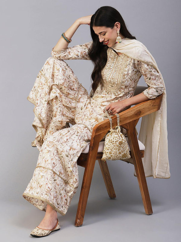 Floral Printed Zari & Resham Embroidered Short Kurta With Sharara & Dupatta - Cream - Indiakreations