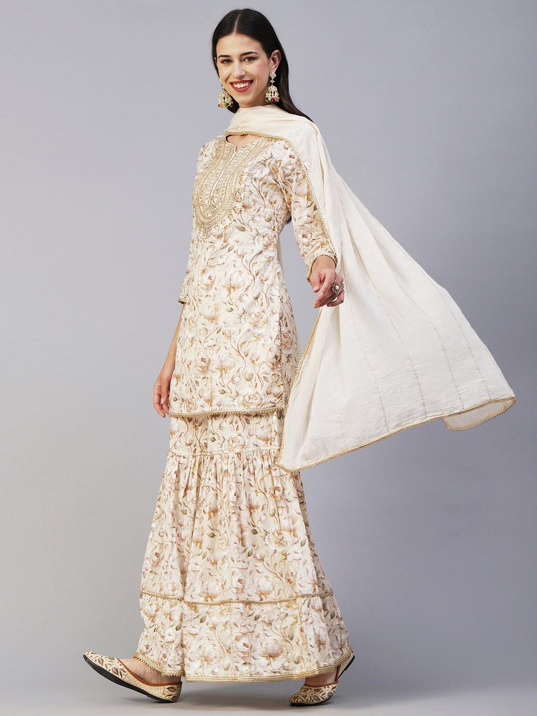 Floral Printed Zari & Resham Embroidered Short Kurta With Sharara & Dupatta - Cream - Indiakreations