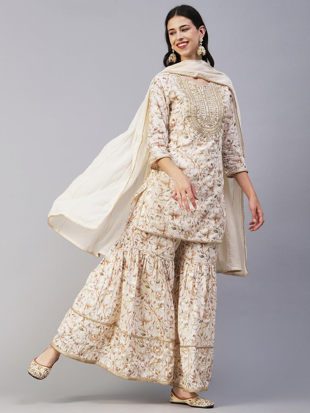 Floral Printed Zari & Resham Embroidered Short Kurta With Sharara & Dupatta - Cream - Indiakreations