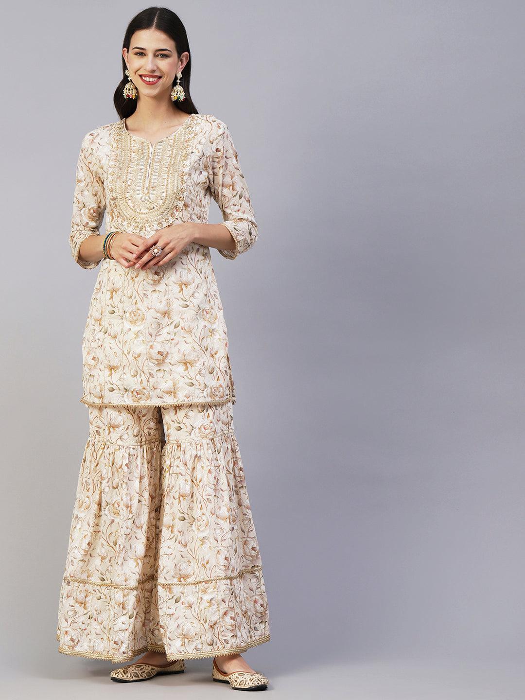 Floral Printed Zari & Resham Embroidered Short Kurta With Sharara & Dupatta - Cream - Indiakreations