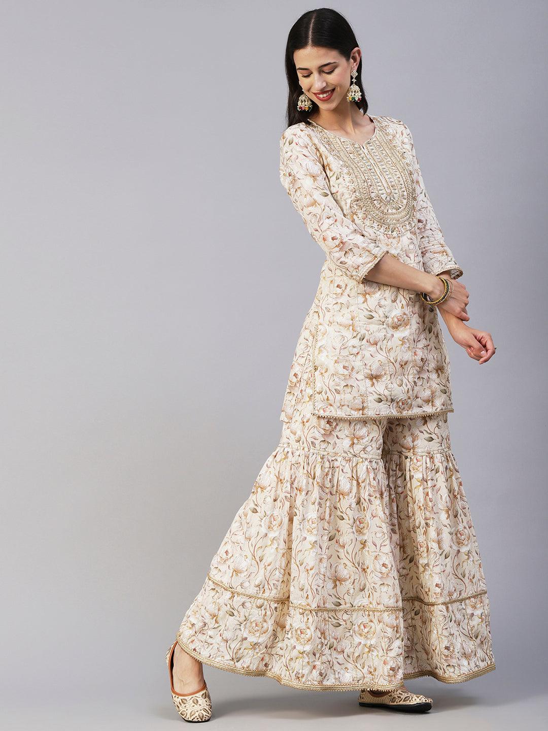 Floral Printed Zari & Resham Embroidered Short Kurta With Sharara & Dupatta - Cream - Indiakreations