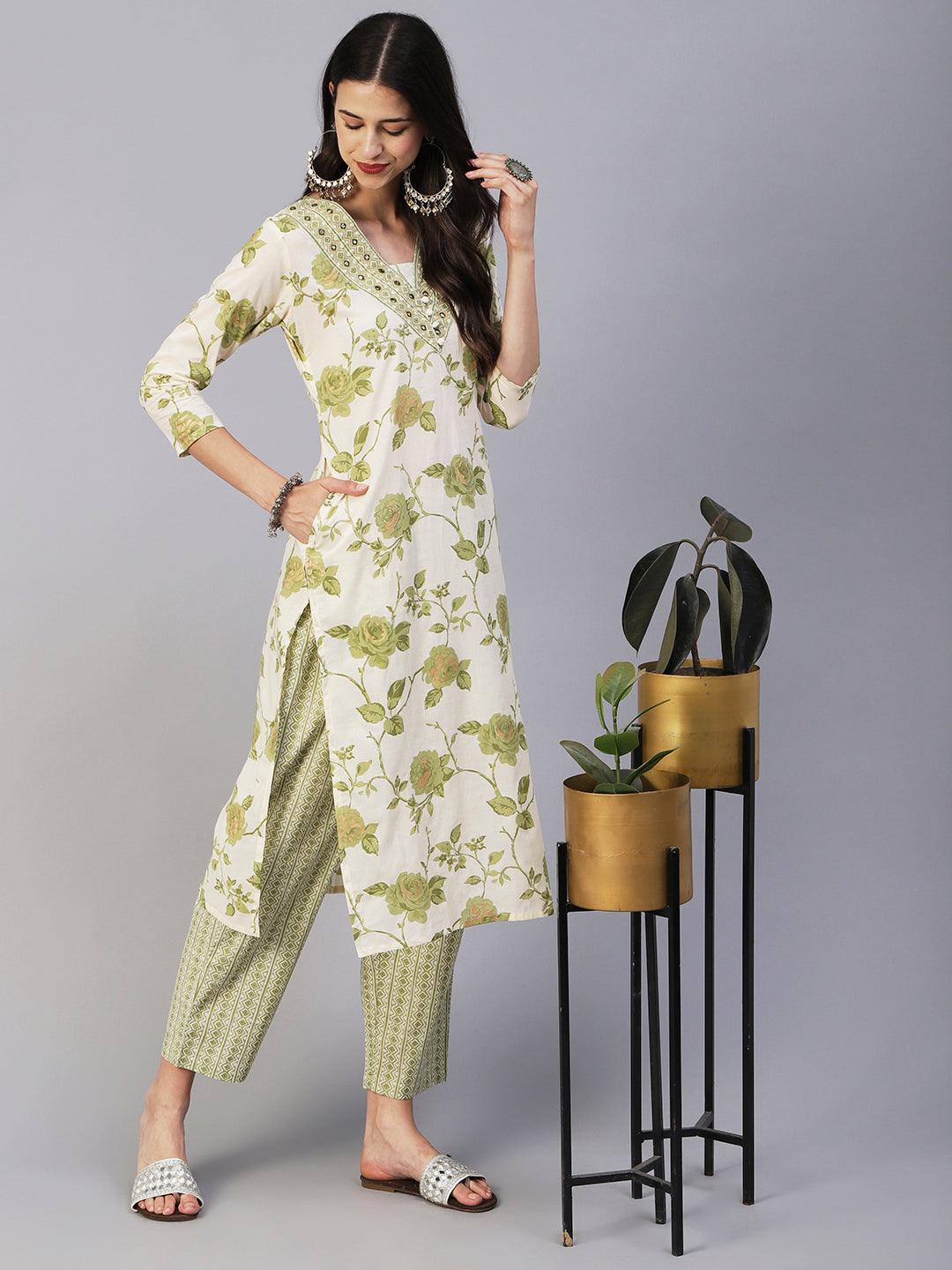 Floral Printed & Embroidered Straight Kurta with Pant - Green - Indiakreations