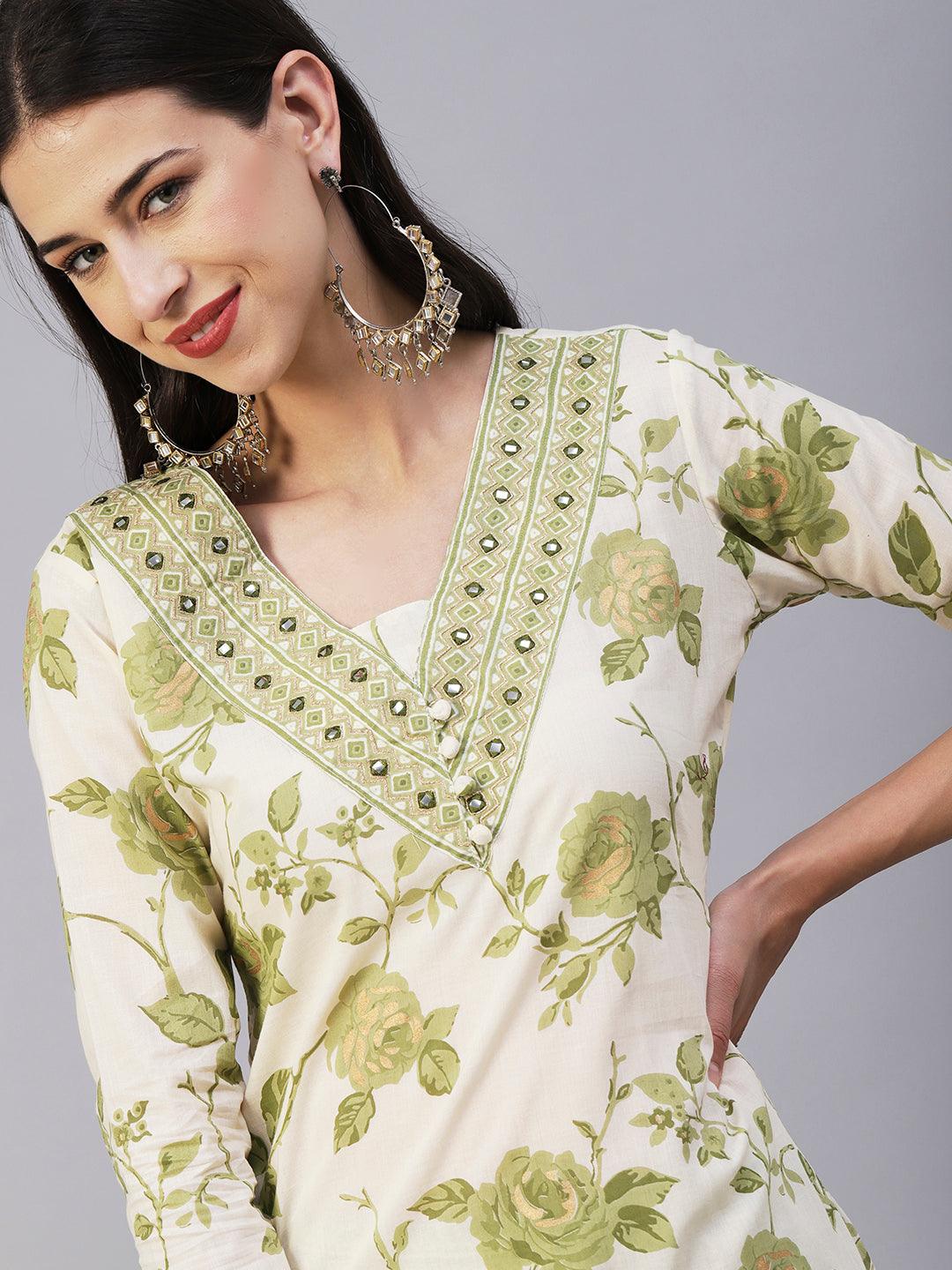 Floral Printed & Embroidered Straight Kurta with Pant - Green - Indiakreations