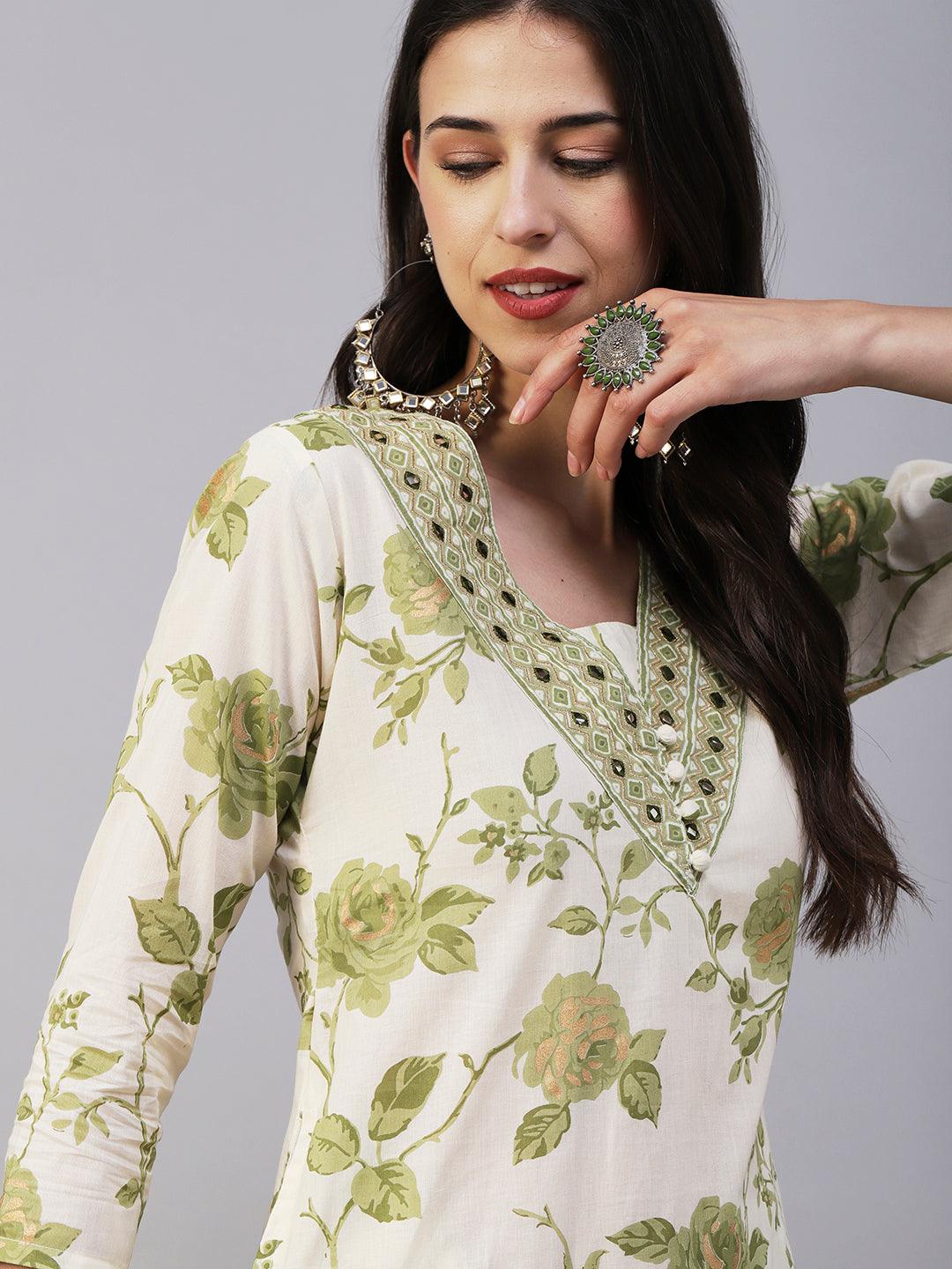 Floral Printed & Embroidered Straight Kurta with Pant - Green - Indiakreations