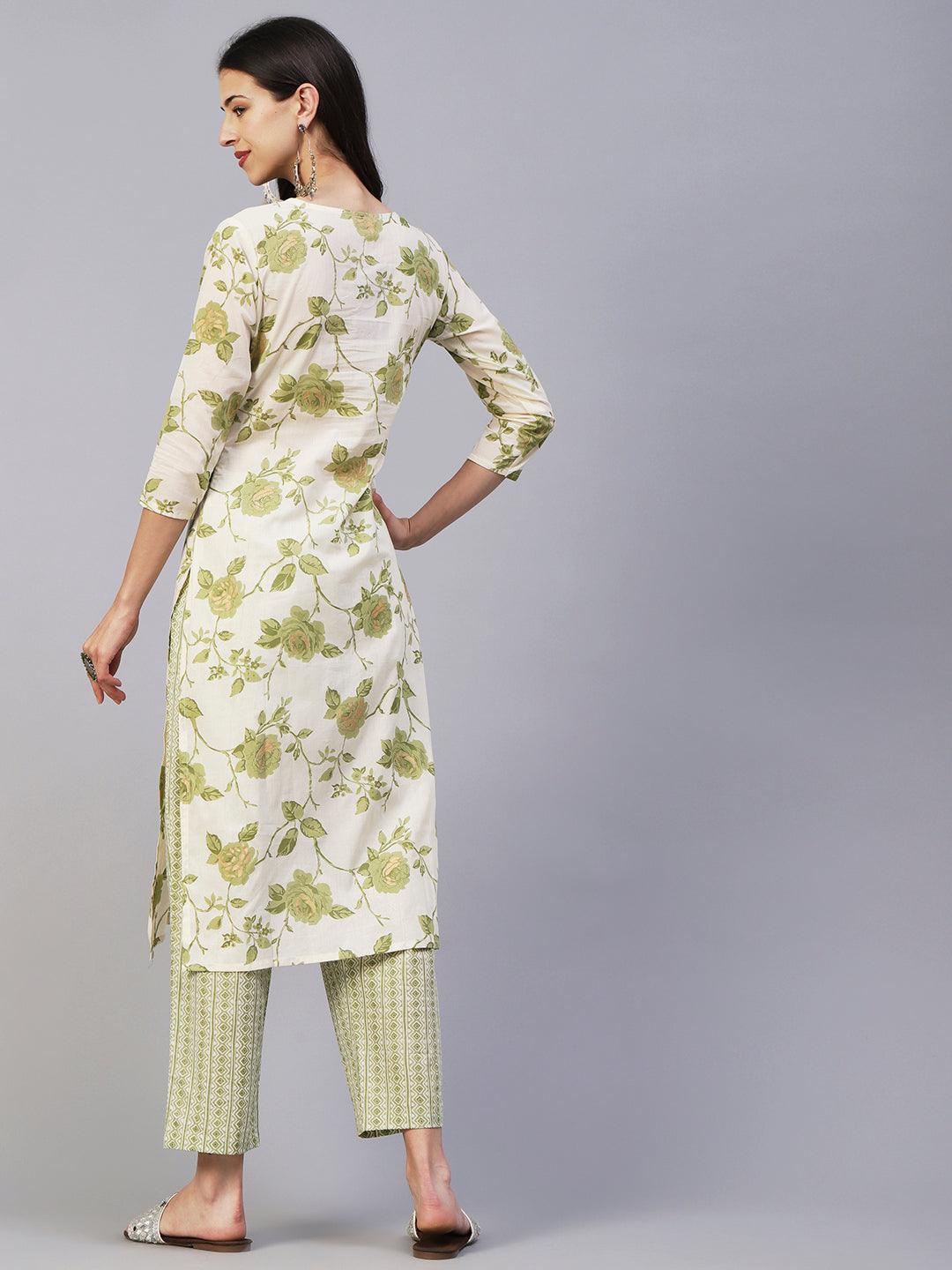 Floral Printed & Embroidered Straight Kurta with Pant - Green - Indiakreations