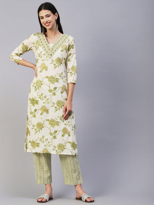 Floral Printed & Embroidered Straight Kurta with Pant - Green - Indiakreations