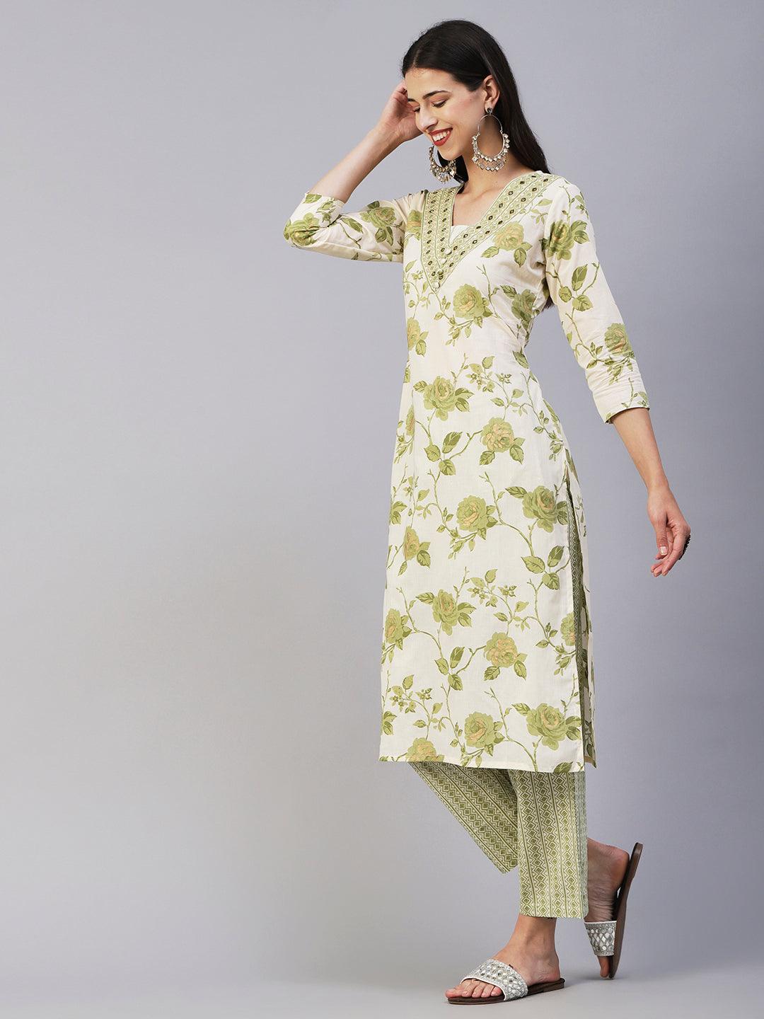 Floral Printed & Embroidered Straight Kurta with Pant - Green - Indiakreations