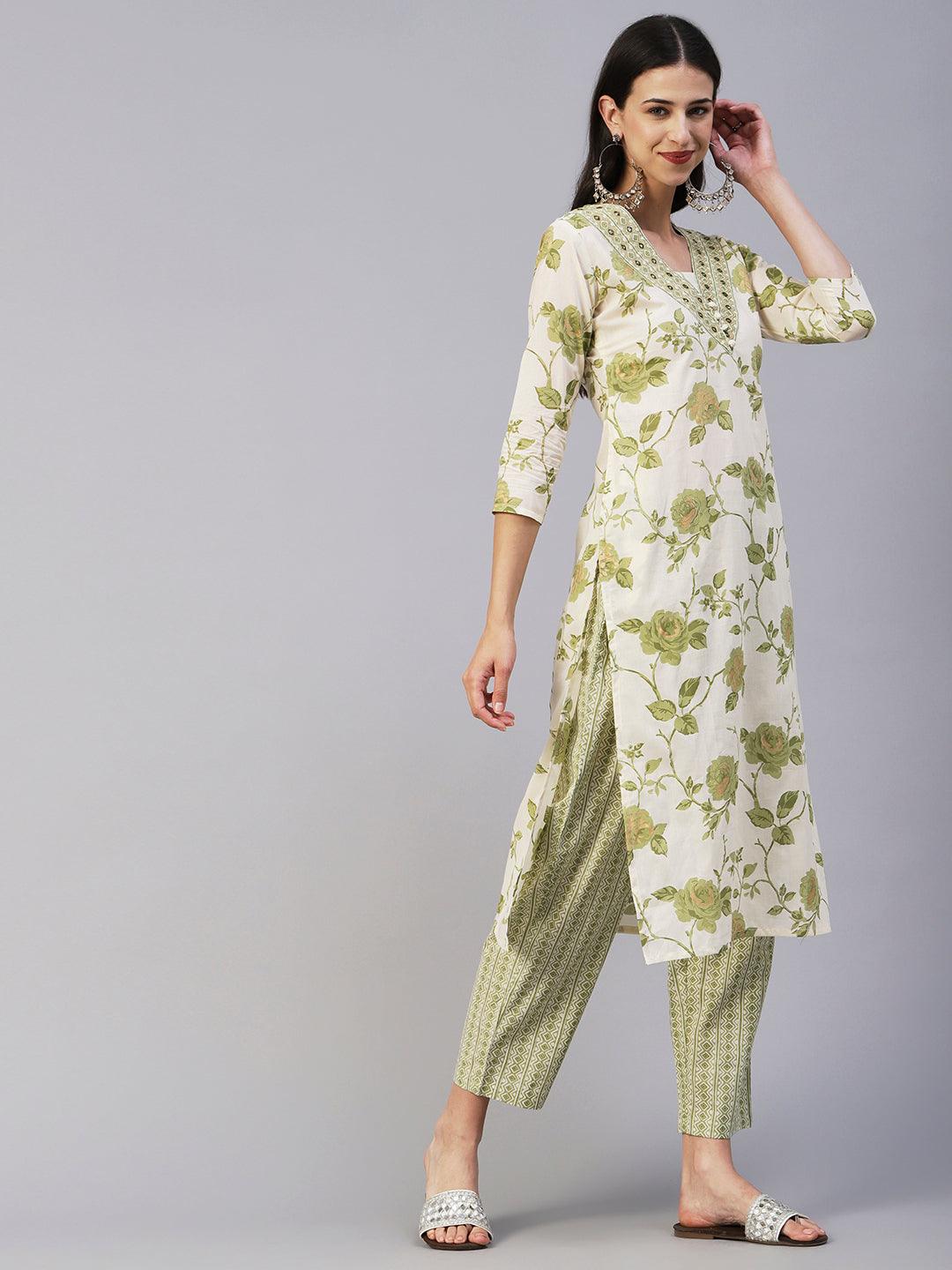 Floral Printed & Embroidered Straight Kurta with Pant - Green - Indiakreations