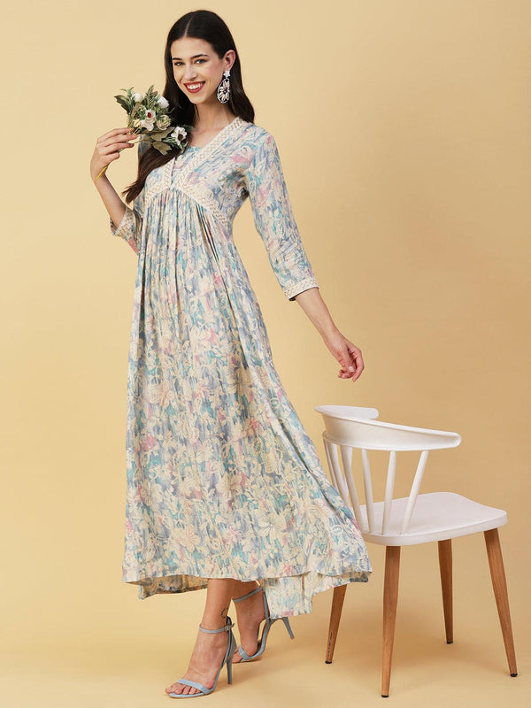 Floral Printed Crochet Zari Lace Embellished Empire Maxi Dress - Blue - Indiakreations