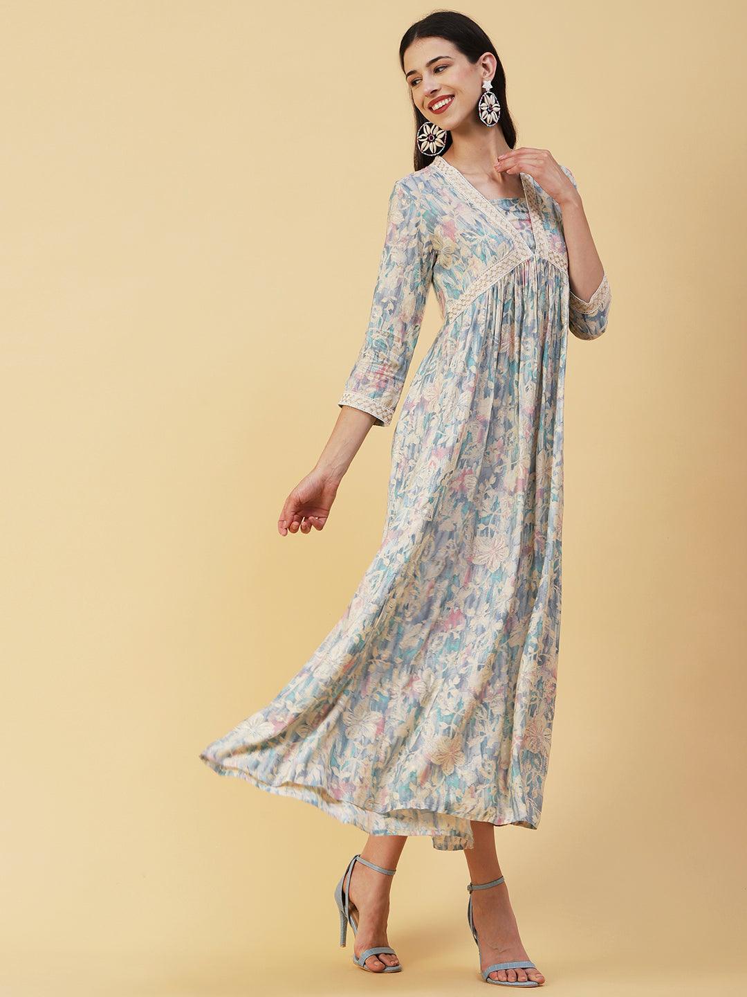 Floral Printed Crochet Zari Lace Embellished Empire Maxi Dress - Blue - Indiakreations