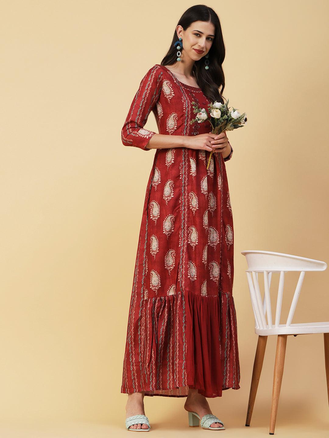 Paisley Batik Printed Mirror & Resham Embroidered A-line Maxi Dress- Rust - Indiakreations