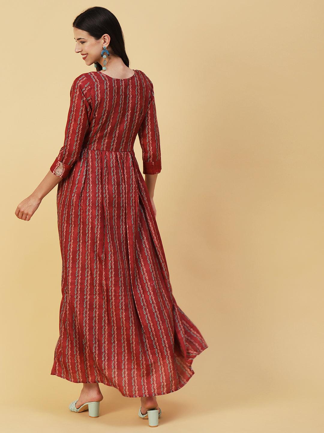 Paisley Batik Printed Mirror & Resham Embroidered A-line Maxi Dress- Rust - Indiakreations