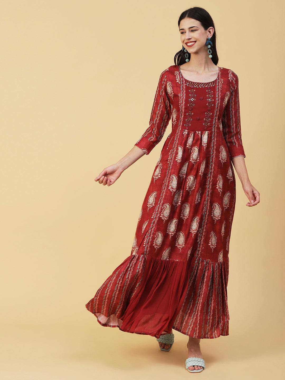 Paisley Batik Printed Mirror & Resham Embroidered A-line Maxi Dress- Rust - Indiakreations