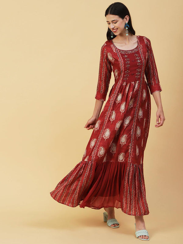 Paisley Batik Printed Mirror & Resham Embroidered A-line Maxi Dress- Rust - Indiakreations