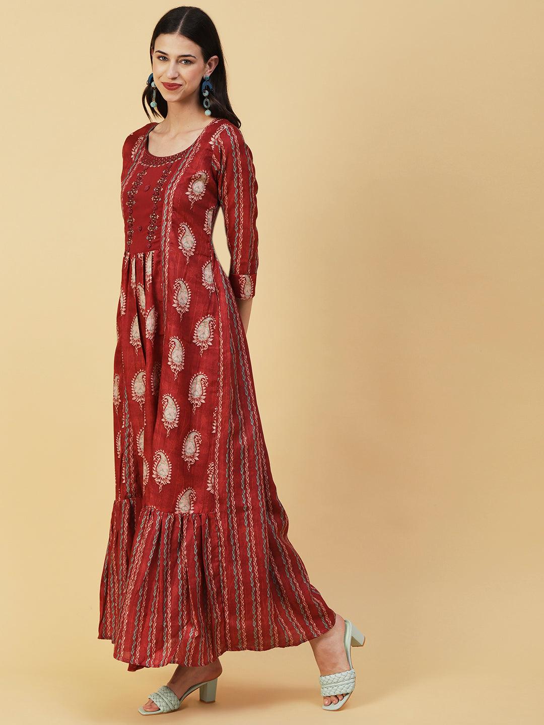 Paisley Batik Printed Mirror & Resham Embroidered A-line Maxi Dress- Rust - Indiakreations