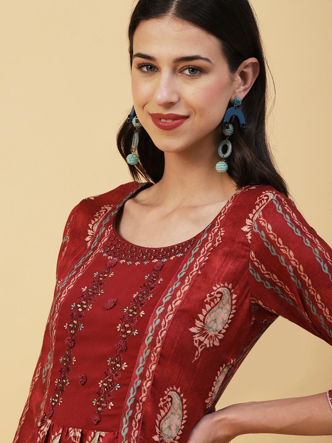 Paisley Batik Printed Mirror & Resham Embroidered A-line Maxi Dress- Rust - Indiakreations