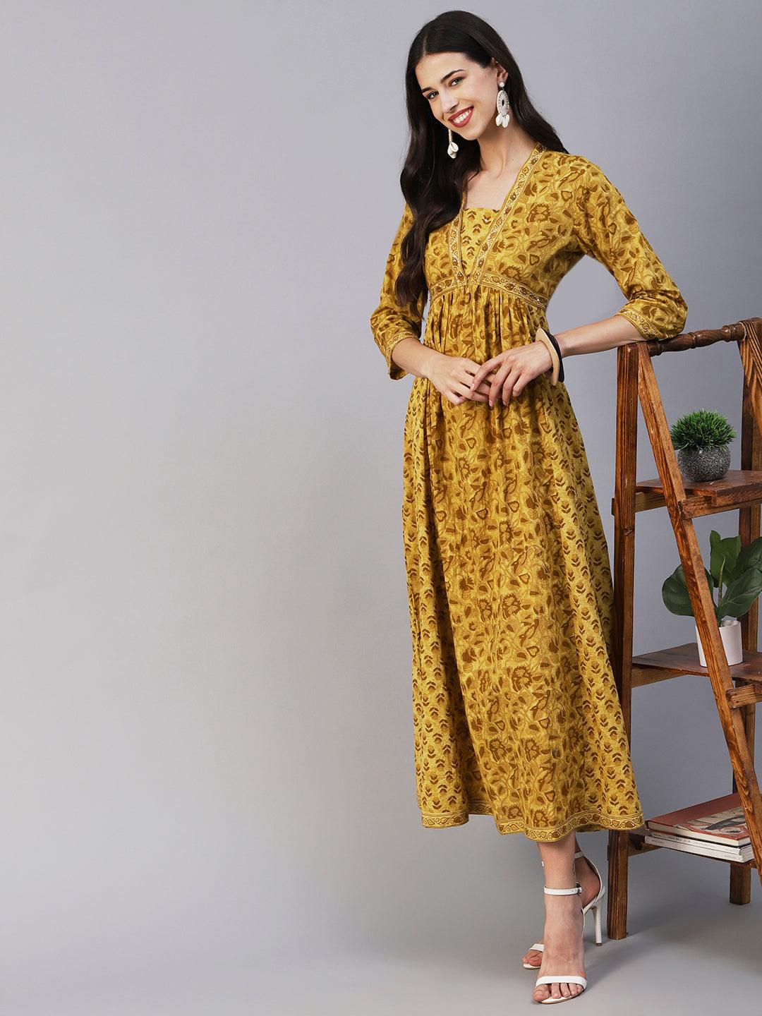 Ethnic Printed & Embroidered A-Line Gathered Maxi Dress - Mustard - Indiakreations