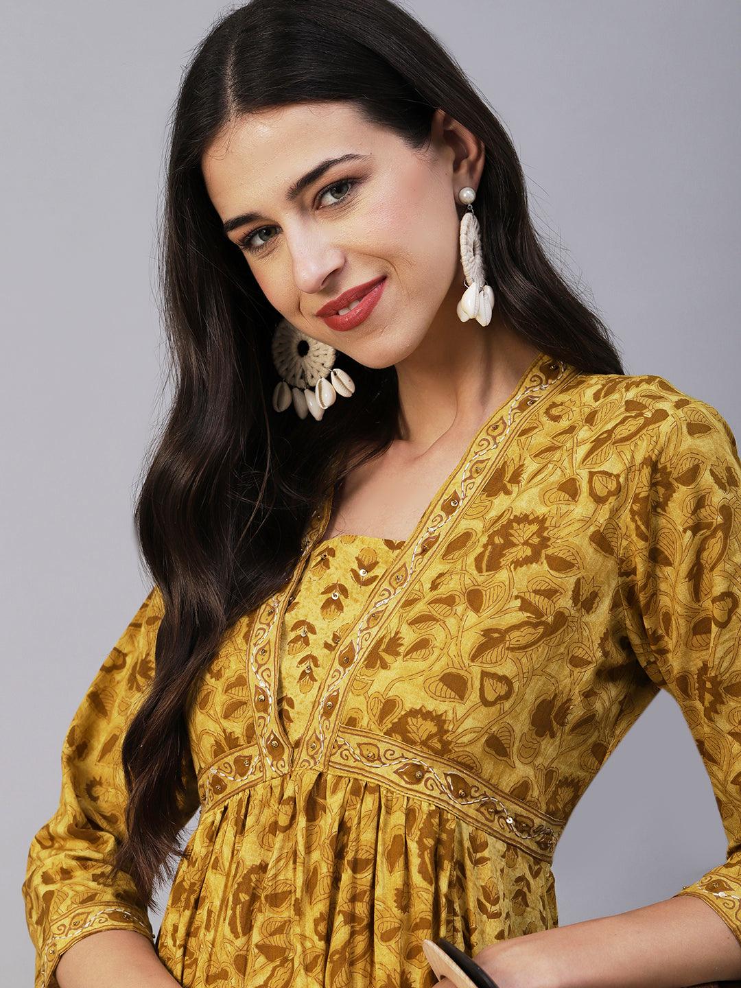 Ethnic Printed & Embroidered A-Line Gathered Maxi Dress - Mustard - Indiakreations