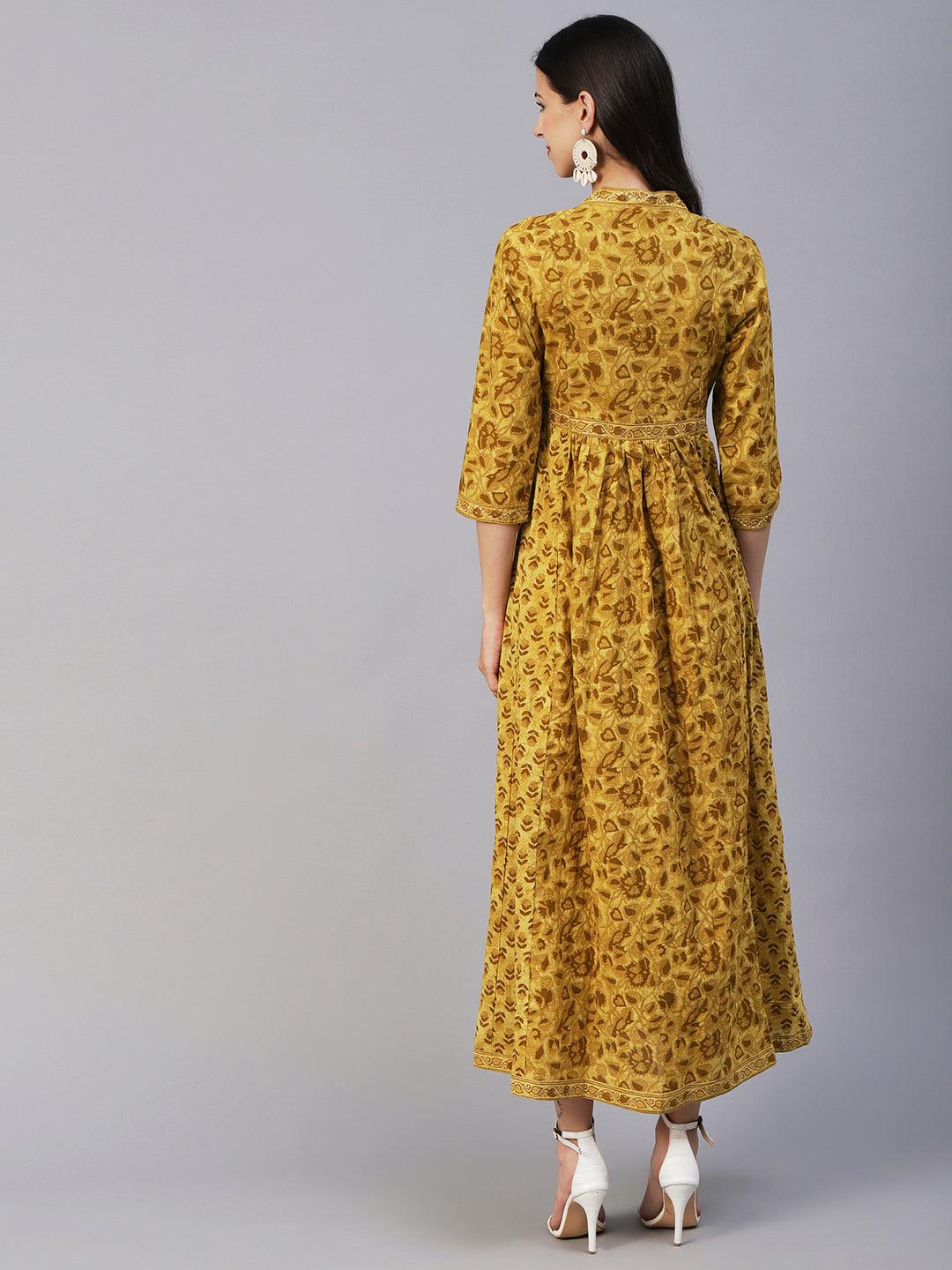 Ethnic Printed & Embroidered A-Line Gathered Maxi Dress - Mustard - Indiakreations