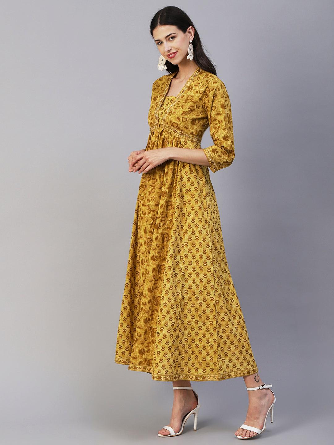 Ethnic Printed & Embroidered A-Line Gathered Maxi Dress - Mustard - Indiakreations