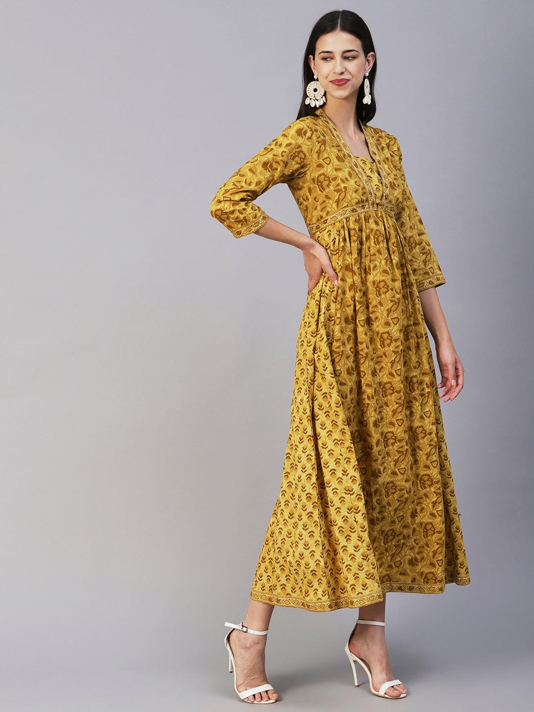 Ethnic Printed & Embroidered A-Line Gathered Maxi Dress - Mustard - Indiakreations