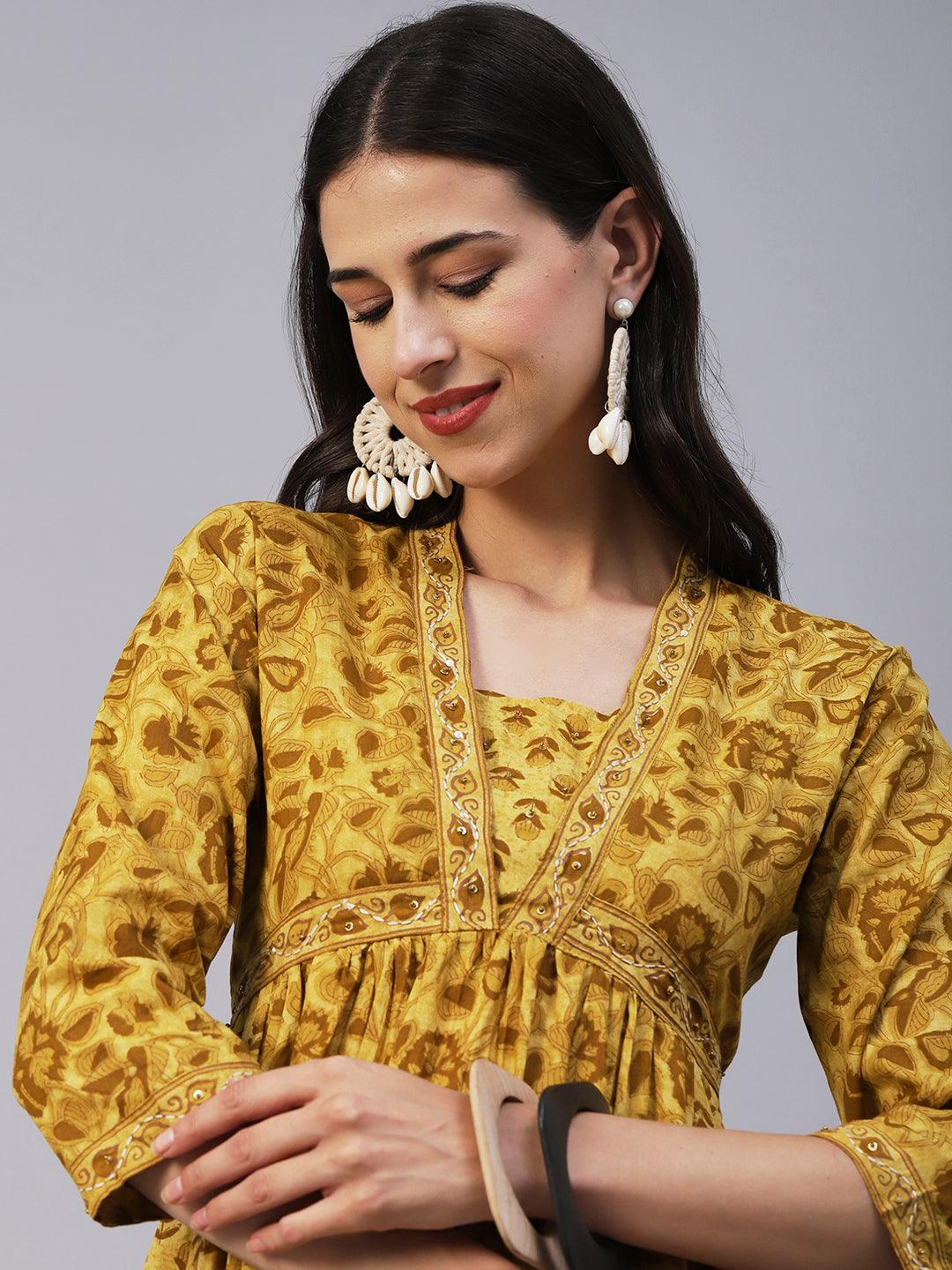 Ethnic Printed & Embroidered A-Line Gathered Maxi Dress - Mustard - Indiakreations