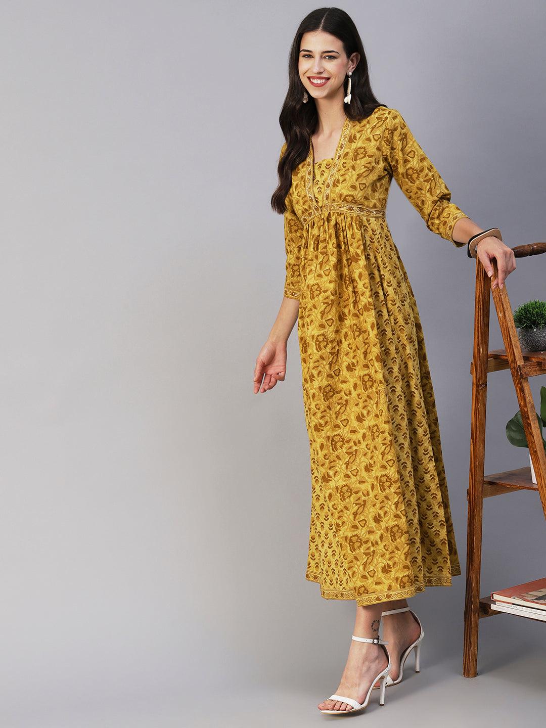 Ethnic Printed & Embroidered A-Line Gathered Maxi Dress - Mustard - Indiakreations